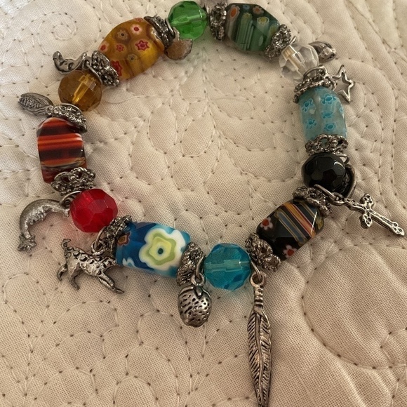 Italian Millefiori Glass beads/ silver tone metal charms stretch bracelet - Picture 2 of 6